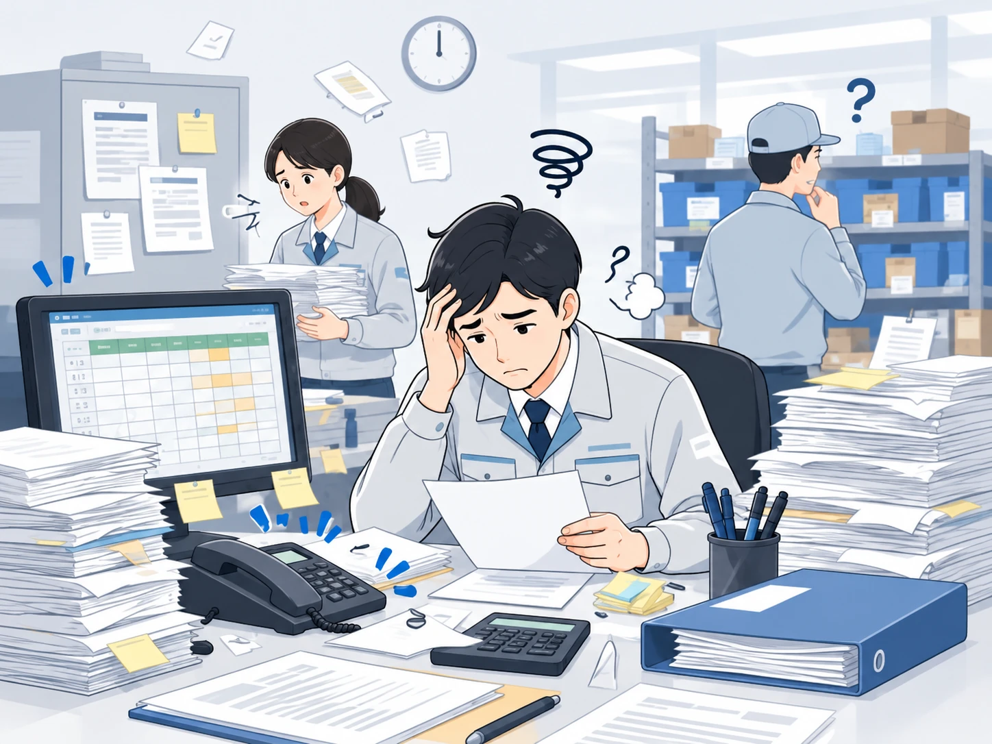 紙とExcelに囲まれて困っている担当者